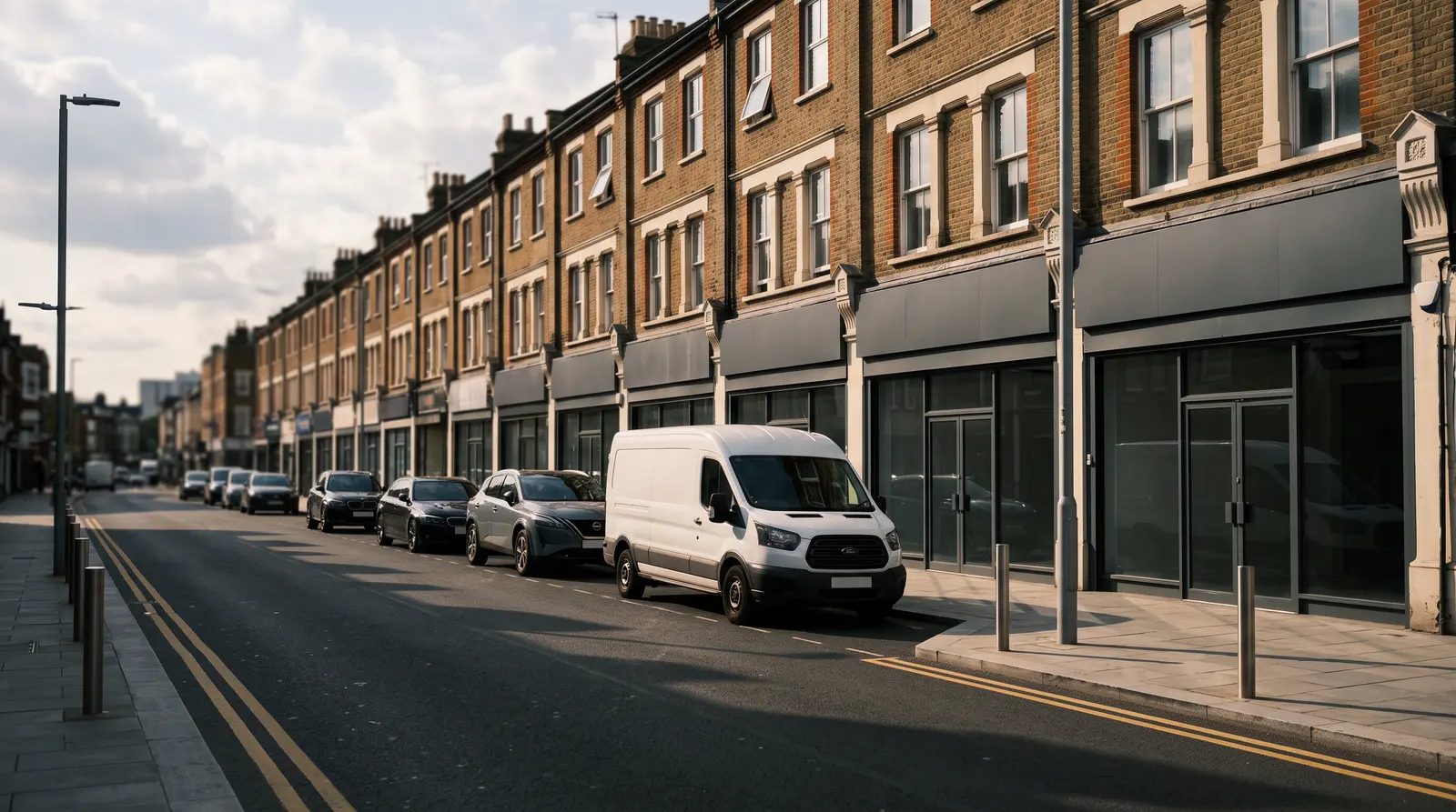 A high street with shopfronts below and flats above