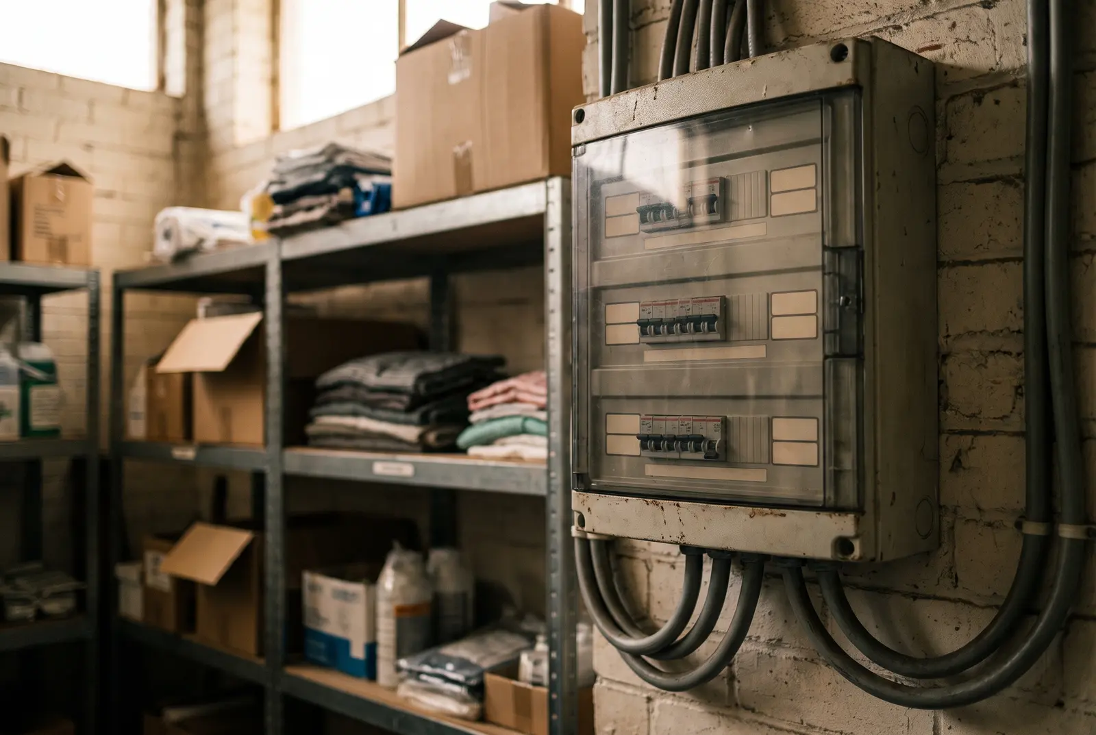 A three-phase distribution board in the back of a shop unit