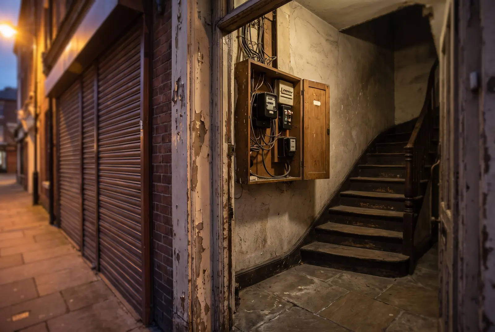 A stairwell to flats above a shop, meter cupboard inside the door