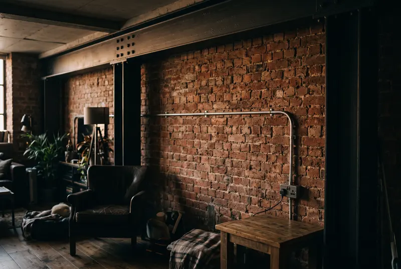 Surface conduit run along exposed brick in a warehouse conversion