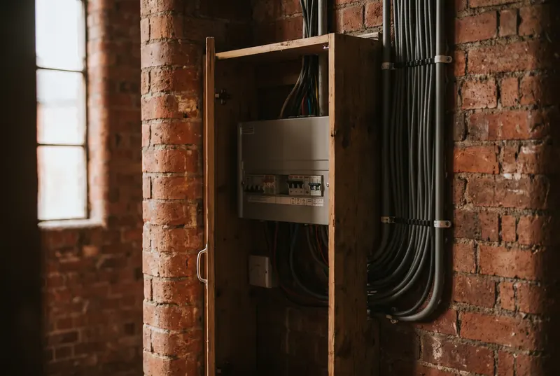 A consumer unit in a utility cupboard in a warehouse conversion