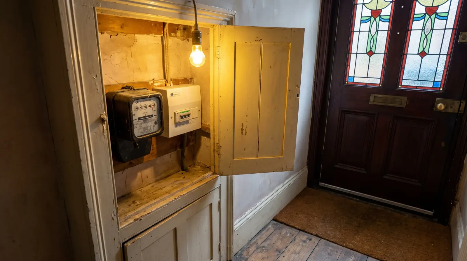 A meter cupboard beside the front door of a terraced house — fuse board upgrade in Crouch End
