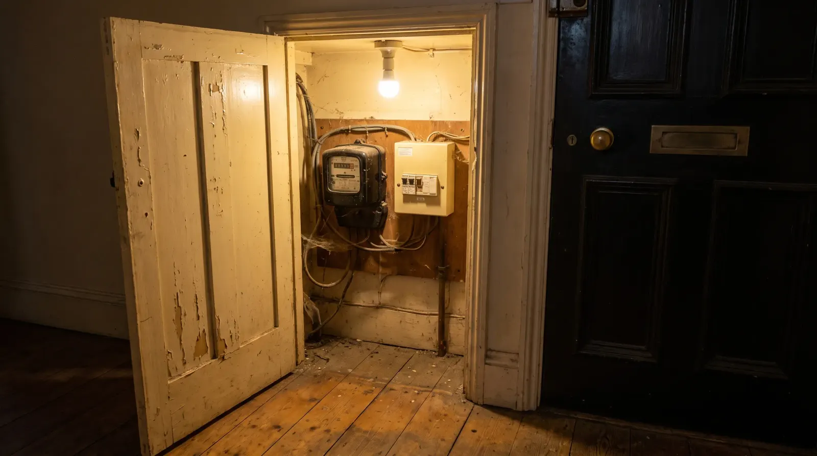 A meter cupboard beside the front door of a terraced house — fuse board upgrade in East Ham