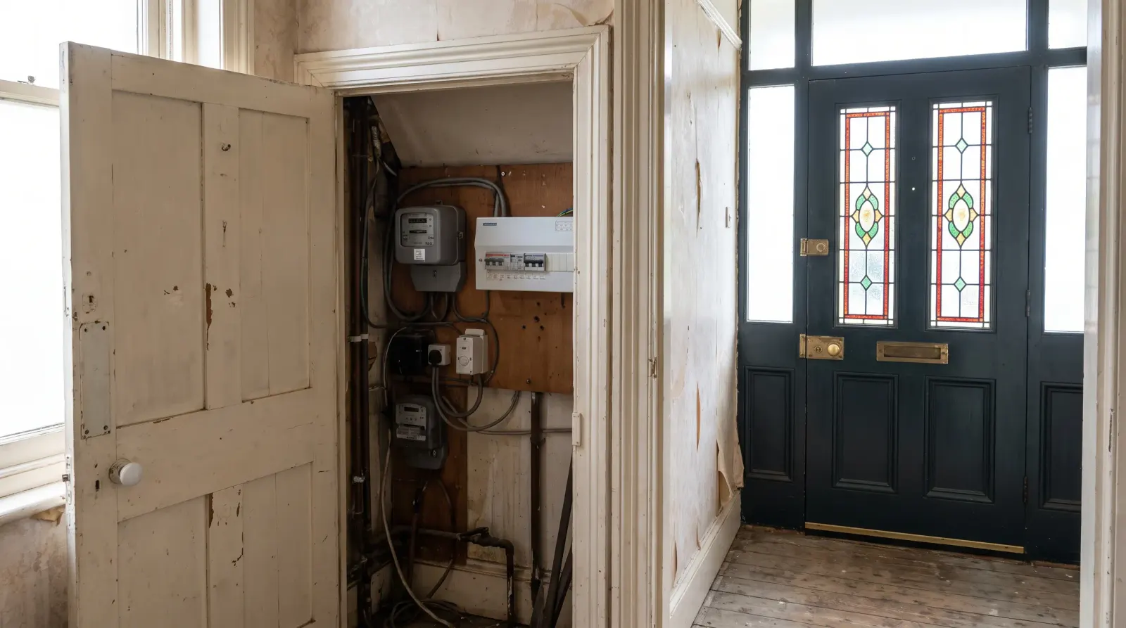A meter cupboard beside the front door of a terraced house — fuse board upgrade in Erith