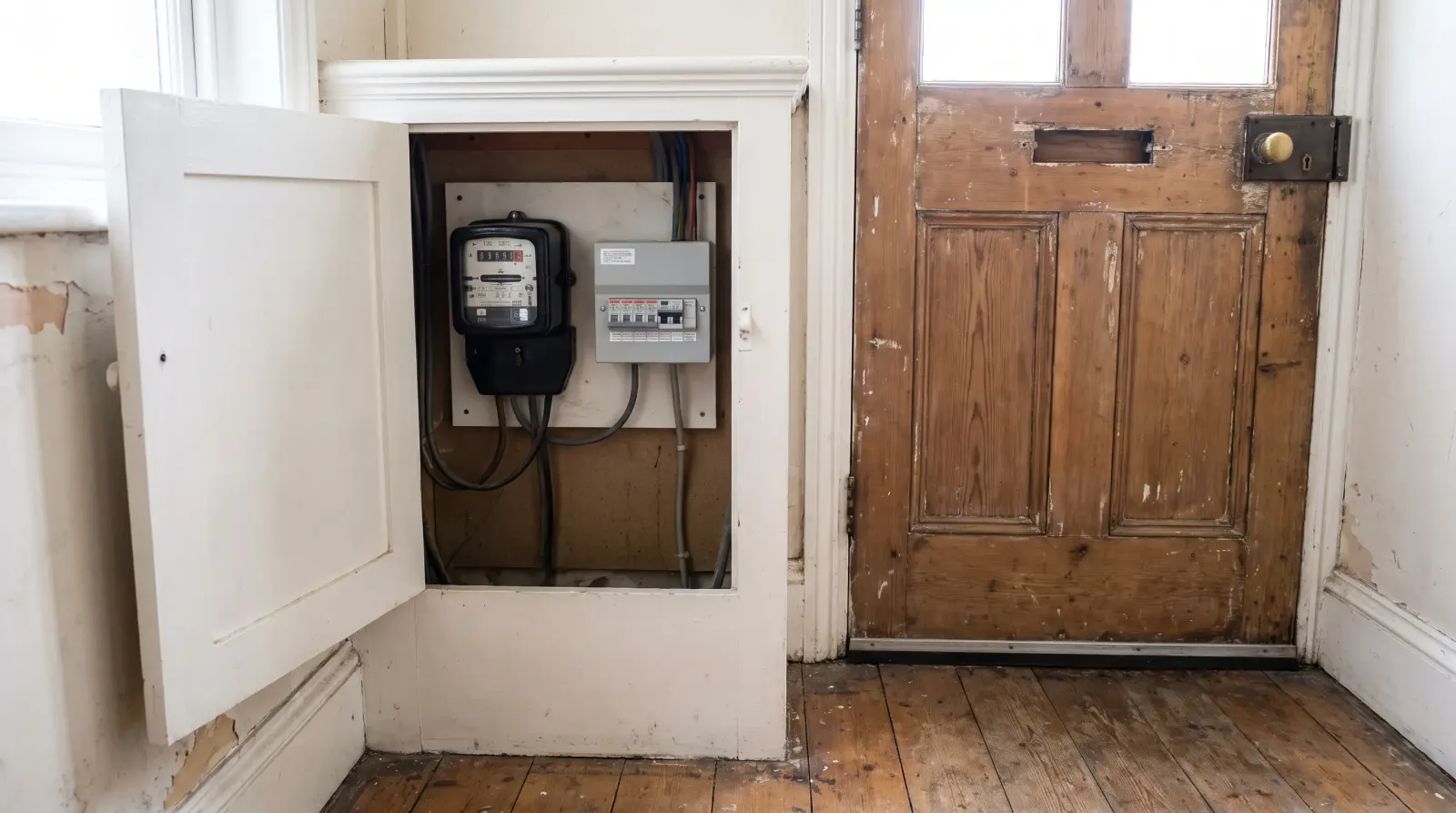 A meter cupboard beside the front door of a terraced house — the kind of fuse board upgrade an electrician in Mile End is called out for