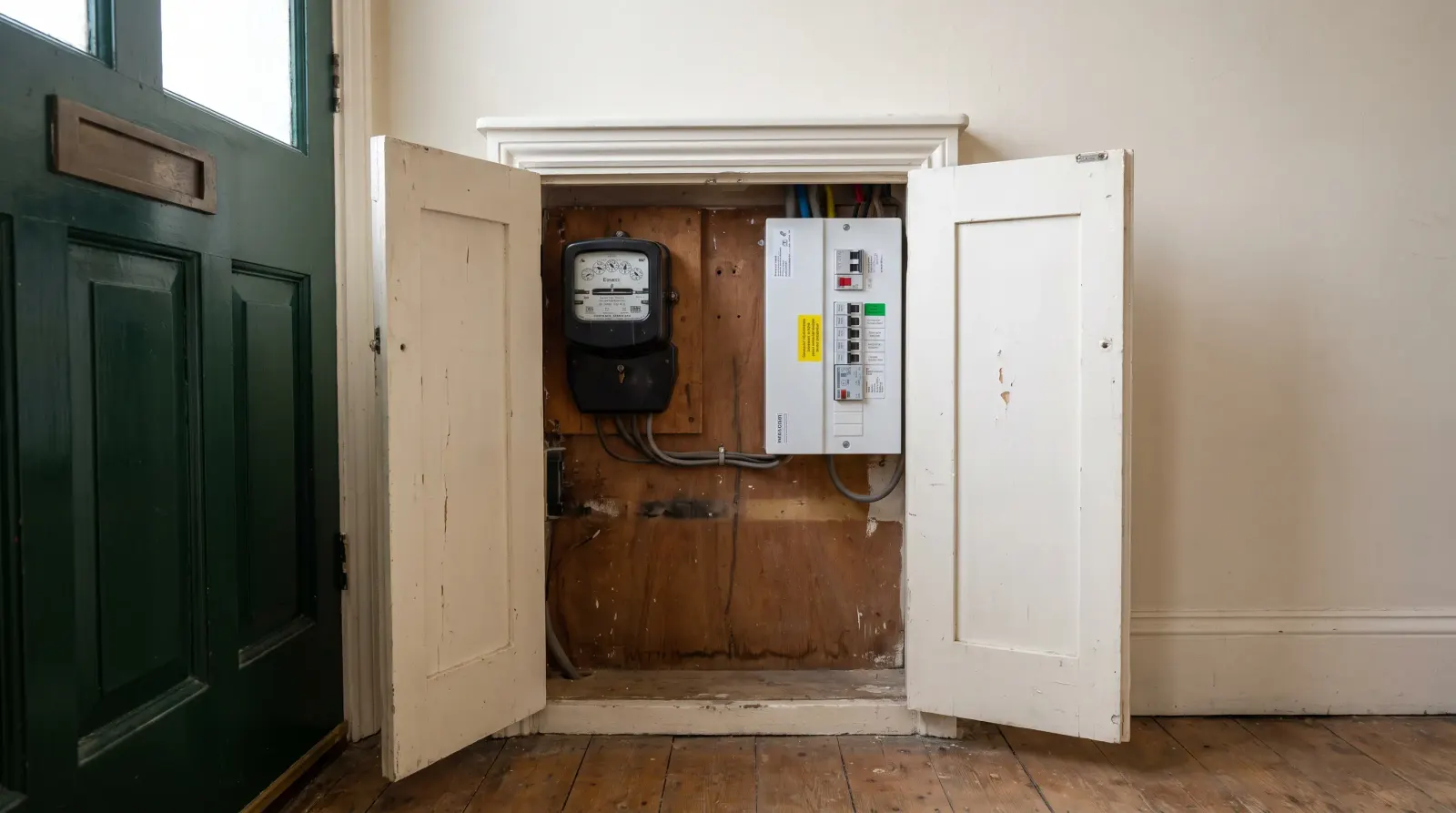 A meter cupboard beside the front door of a terraced house — fuse board upgrade in South Woodford