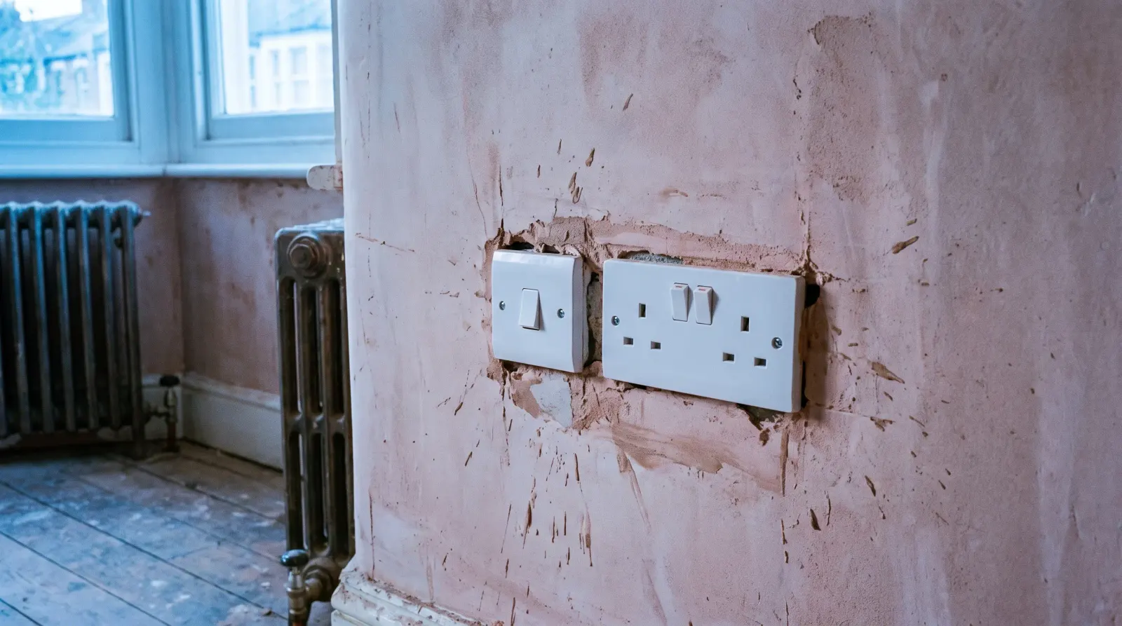 A new switch and socket on a replastered wall — the kind of new sockets and lighting an electrician in Greenwich is called out for