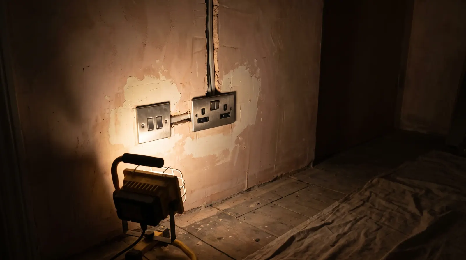 A new switch and socket on a replastered wall — new sockets and lighting in Highgate