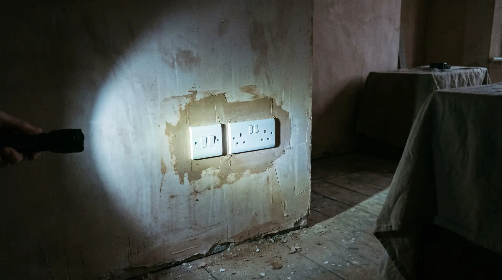 A new switch and socket on a replastered wall — new sockets and lighting in Leyton