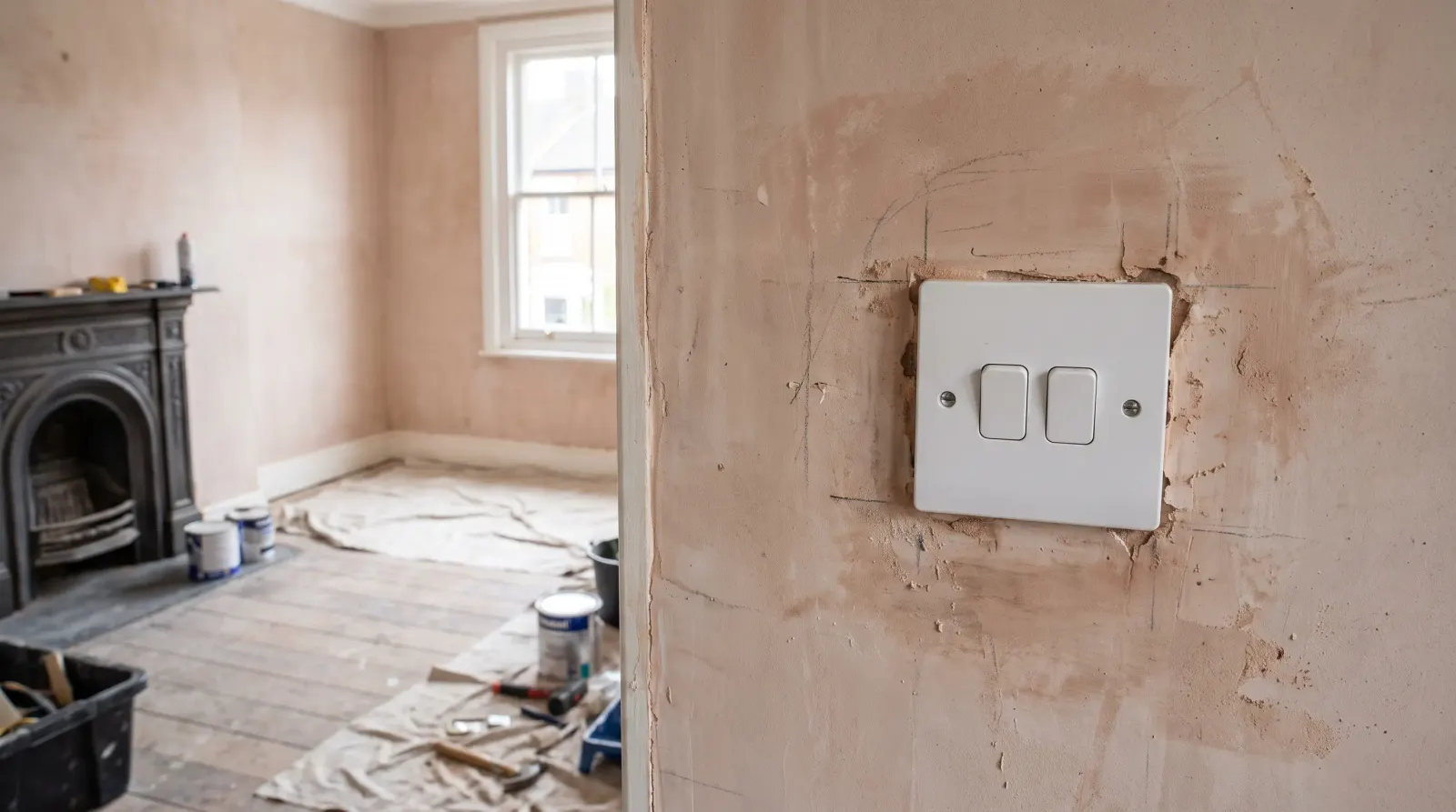A new switch and socket on a replastered wall — new sockets and lighting in Plaistow