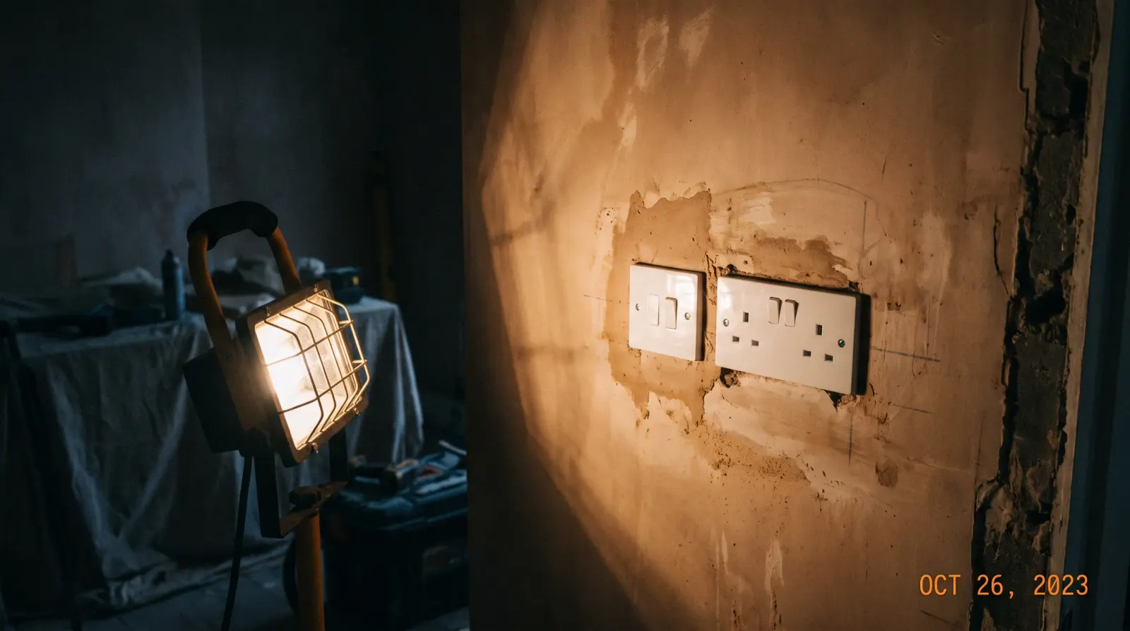 A new switch and socket on a replastered wall — new sockets and lighting in Plumstead