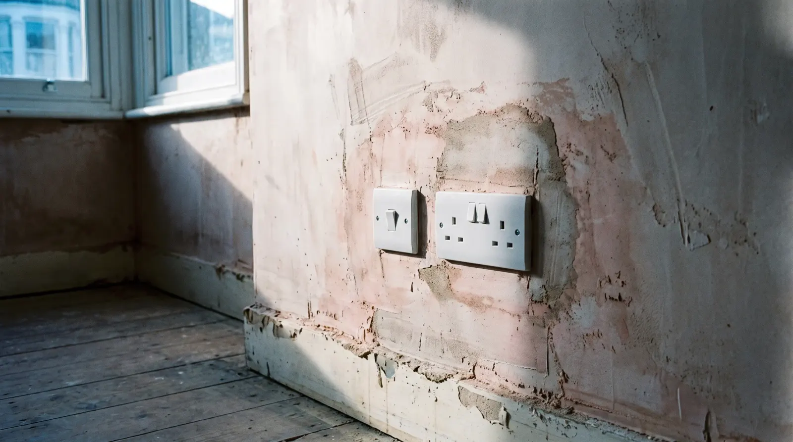 A new switch and socket on a replastered wall — the kind of new sockets and lighting an electrician in Tottenham is called out for