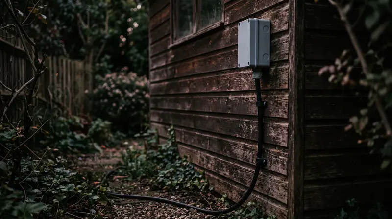 Armoured cable running up a shed wall into a weatherproof isolator — outbuilding and garden supplies in Benfleet