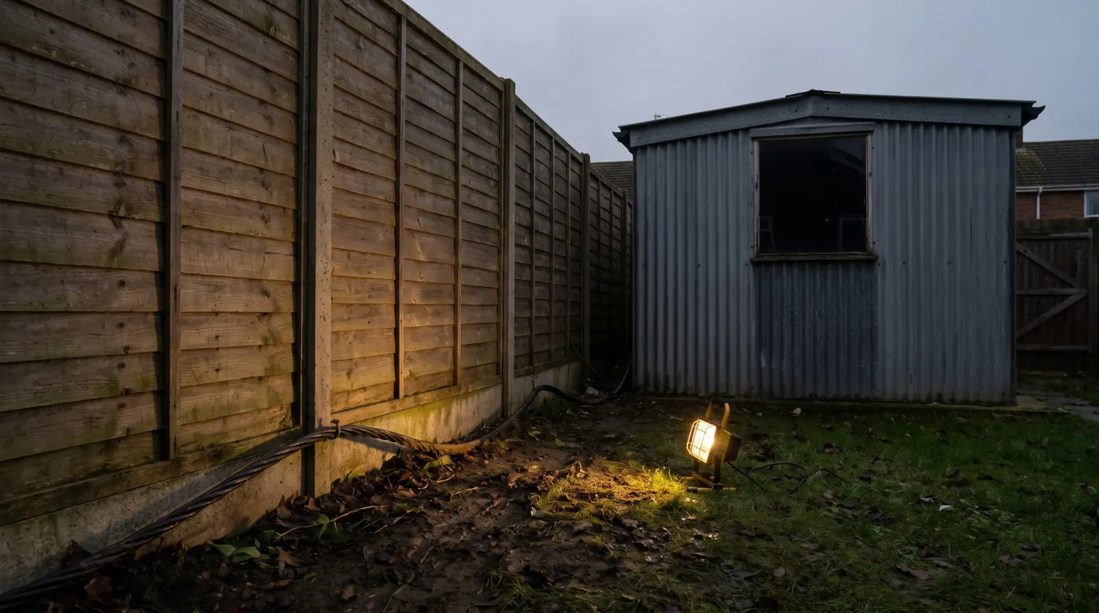 Armoured cable running to a garden outbuilding — outdoor power supply in Benfleet
