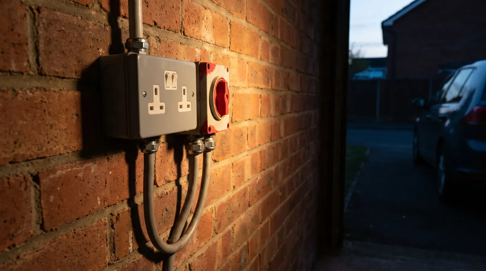 A weatherproof outdoor socket and isolator on a garage wall — outdoor sockets in Bexley