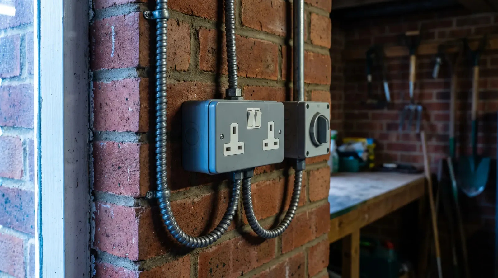 A weatherproof outdoor socket and isolator on a garage wall — the kind of outdoor sockets an electrician in Brentwood is called out for