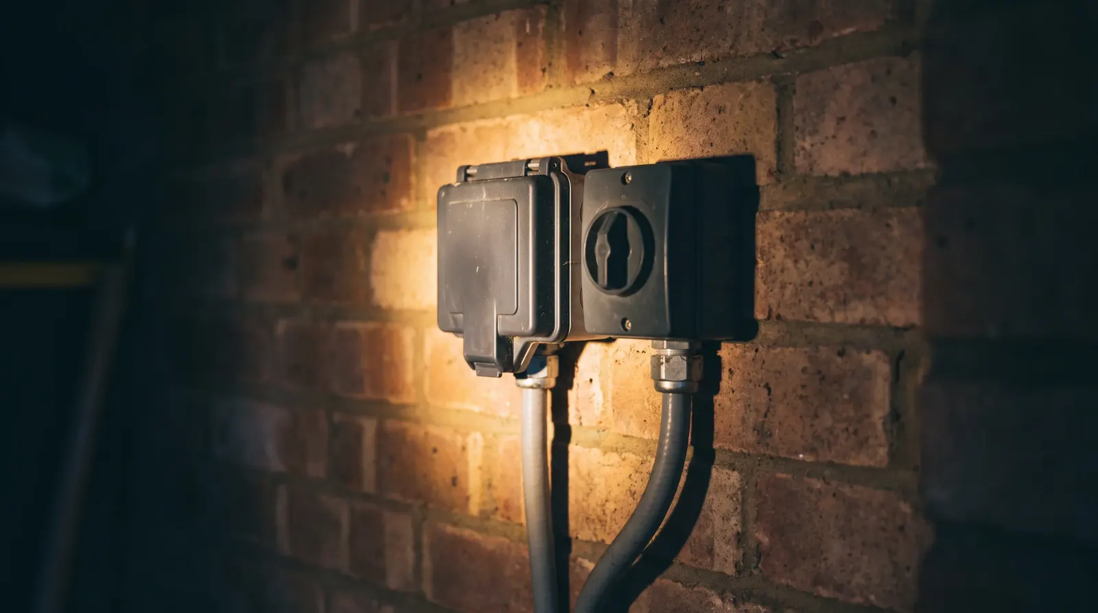 A weatherproof outdoor socket and isolator on a garage wall — outdoor sockets in Buckhurst Hill