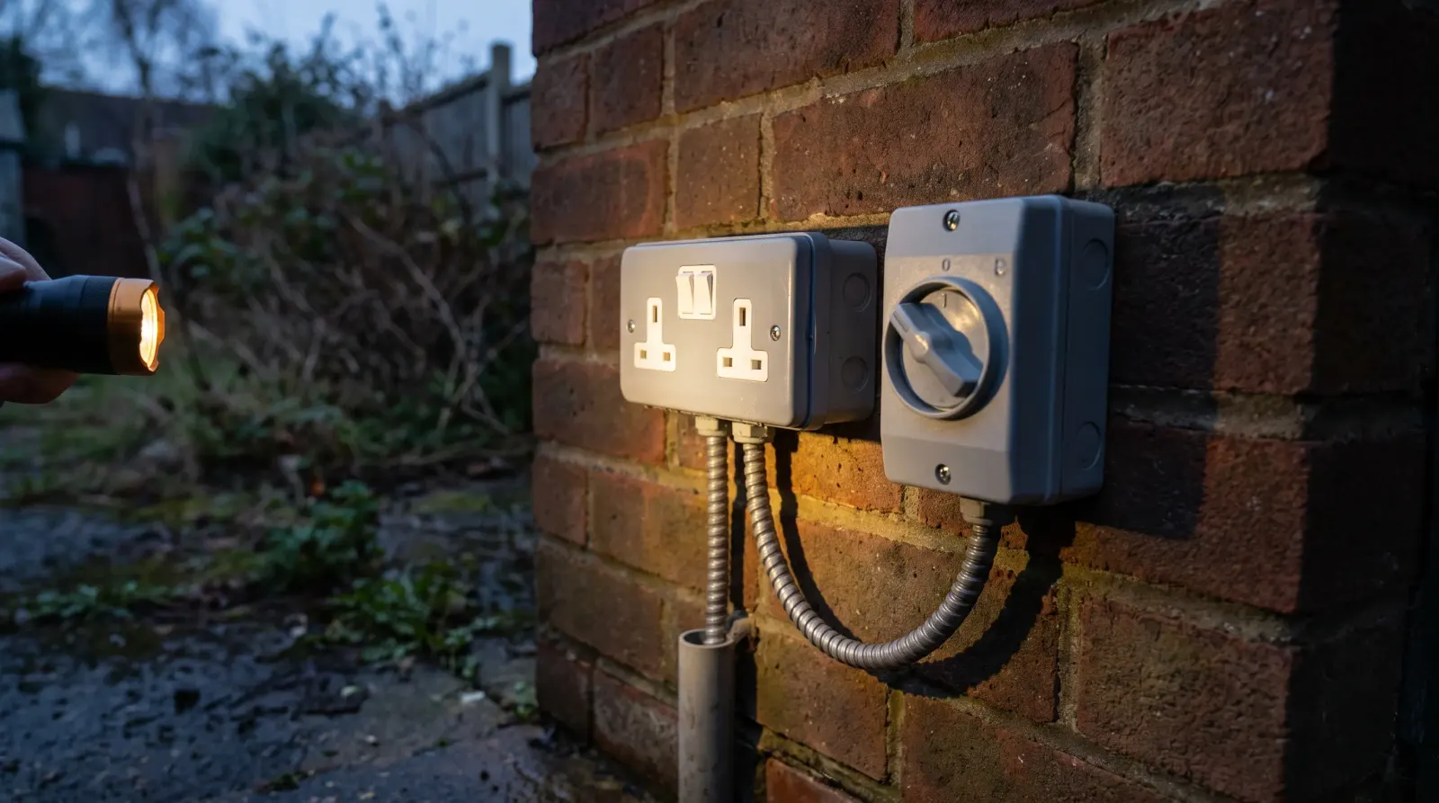 A weatherproof outdoor socket and isolator on a garage wall — outdoor sockets in Ingatestone