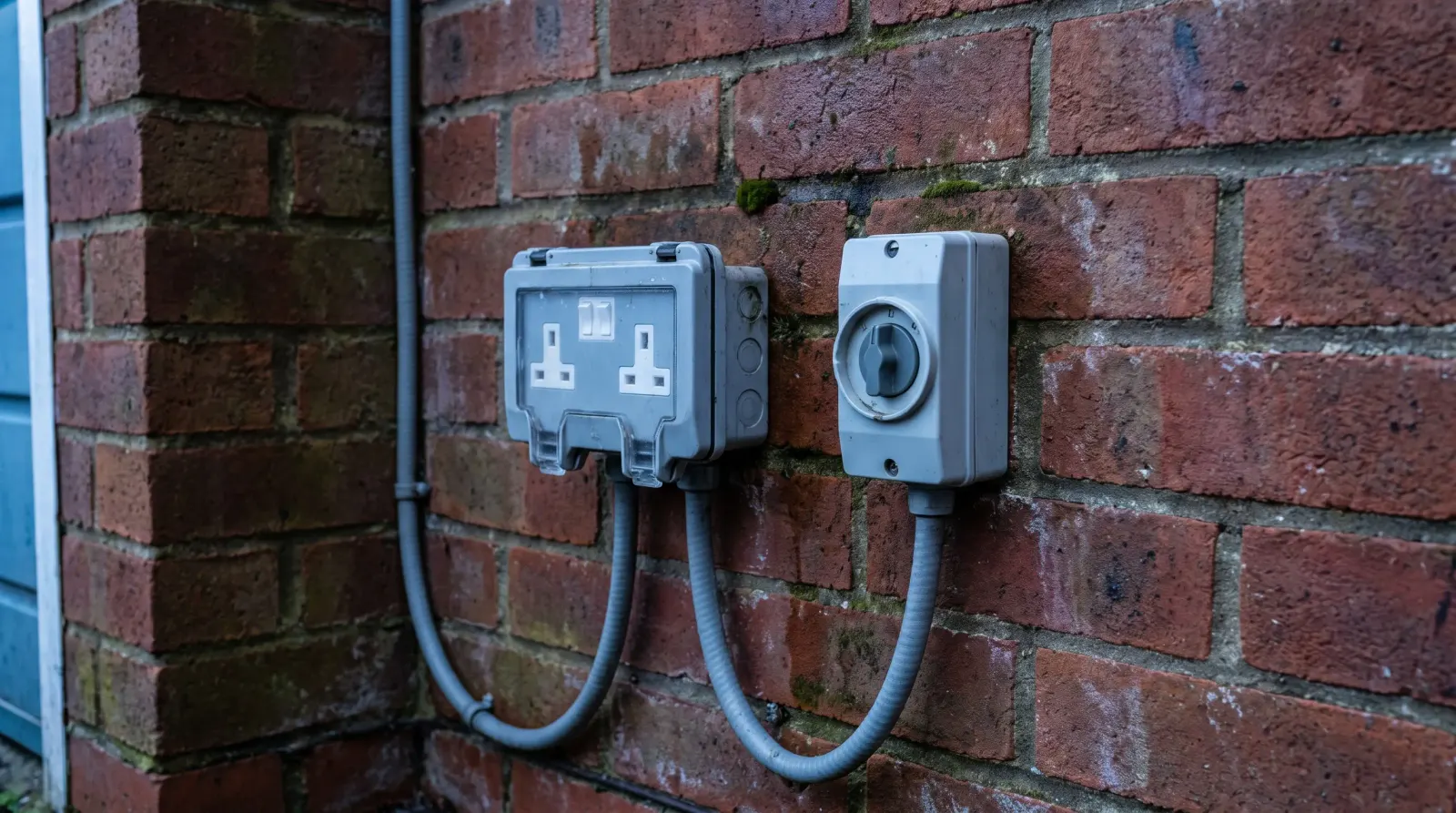 A weatherproof outdoor socket and isolator on a garage wall — the kind of outdoor sockets an electrician in Rainham is called out for