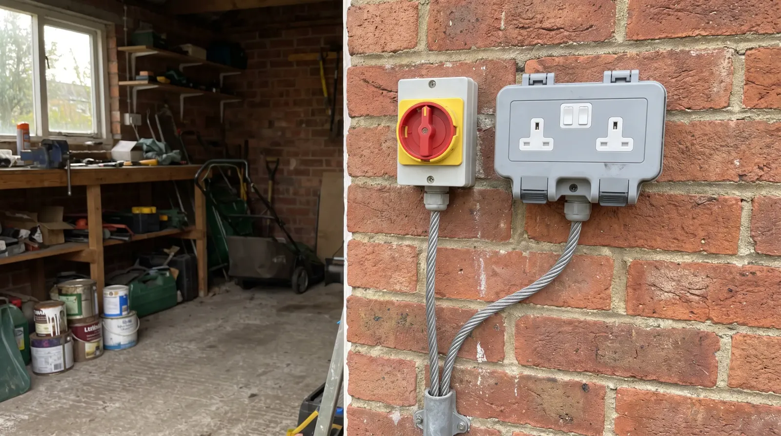 A weatherproof outdoor socket and isolator on a garage wall — outdoor sockets in Swanley