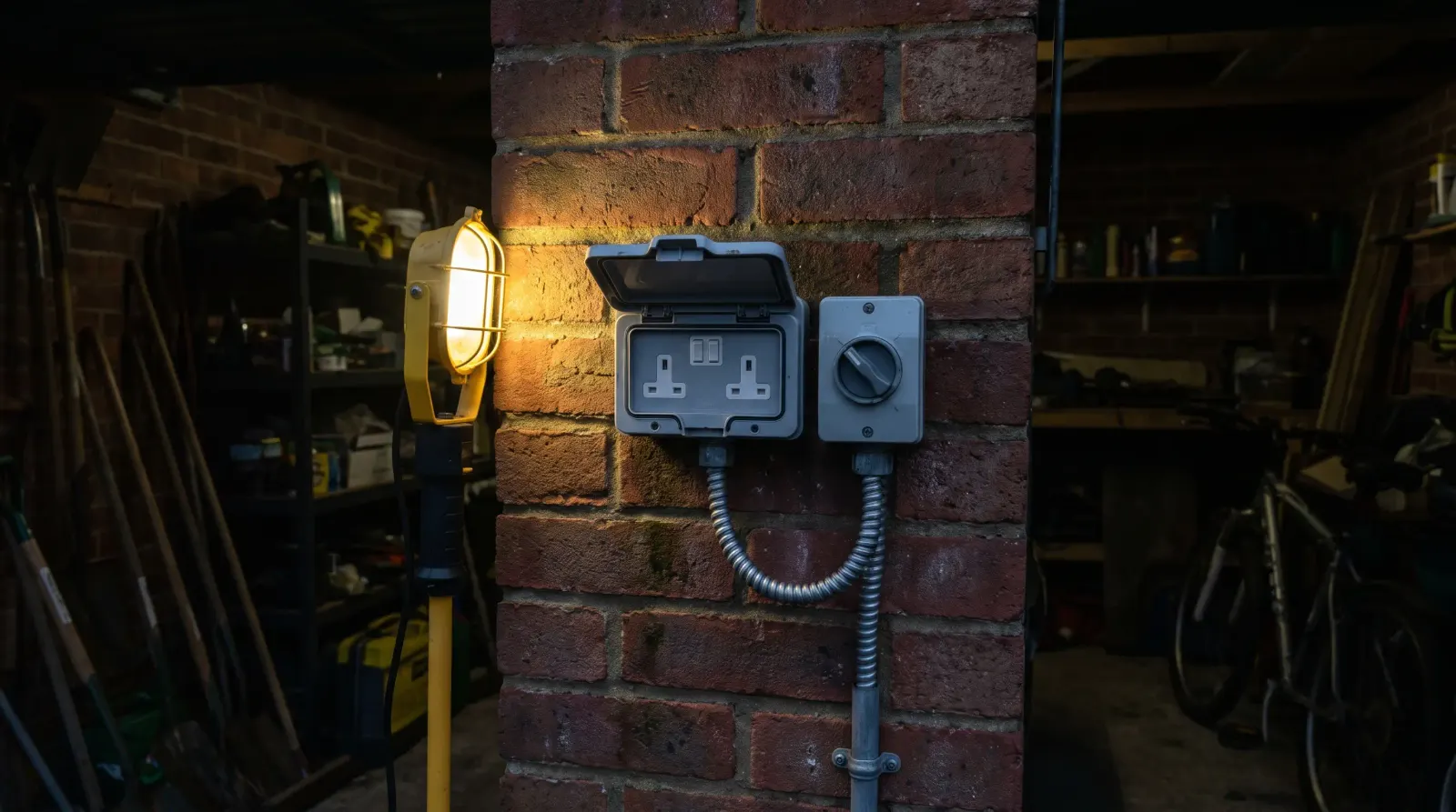 A weatherproof outdoor socket and isolator on a garage wall — outdoor sockets in Wickford