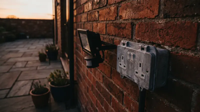 A weatherproof outdoor socket and security floodlight on a brick wall — outdoor sockets and security lighting in Ingatestone