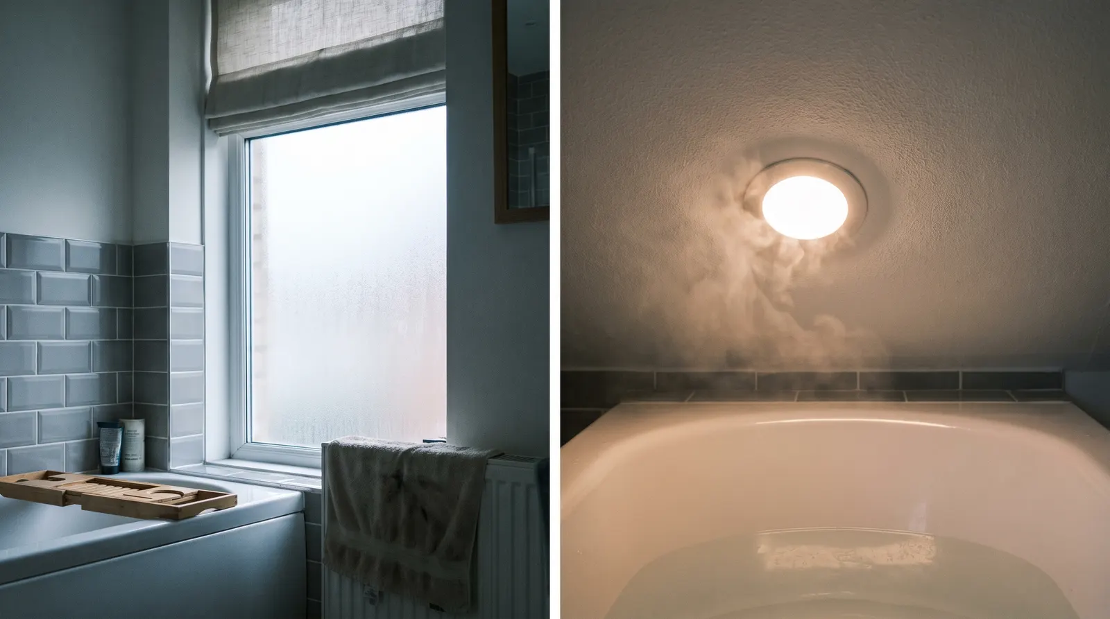 A recessed downlight fitted into the ceiling above a bathtub in a tiled bathroom