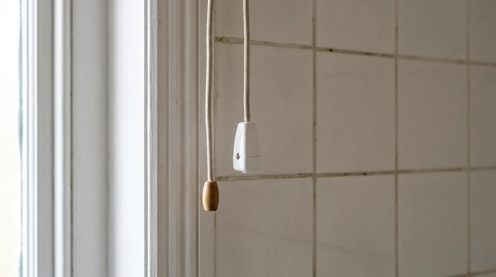 A pull-cord light switch fitted beside a bathroom door