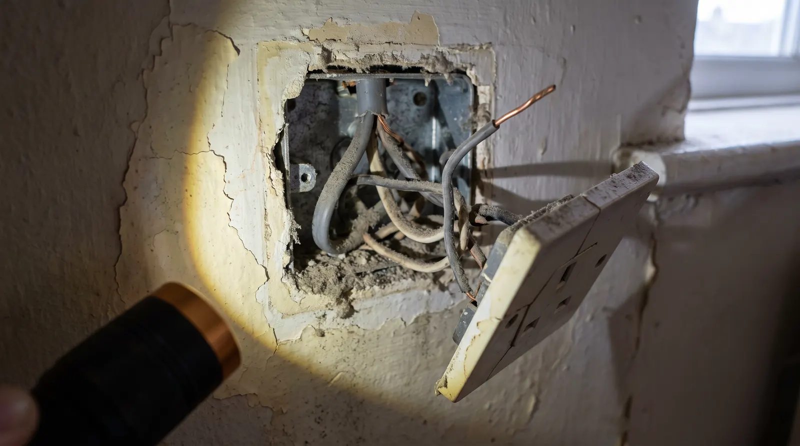 A damaged socket with its faceplate loose and bare conductor exposed