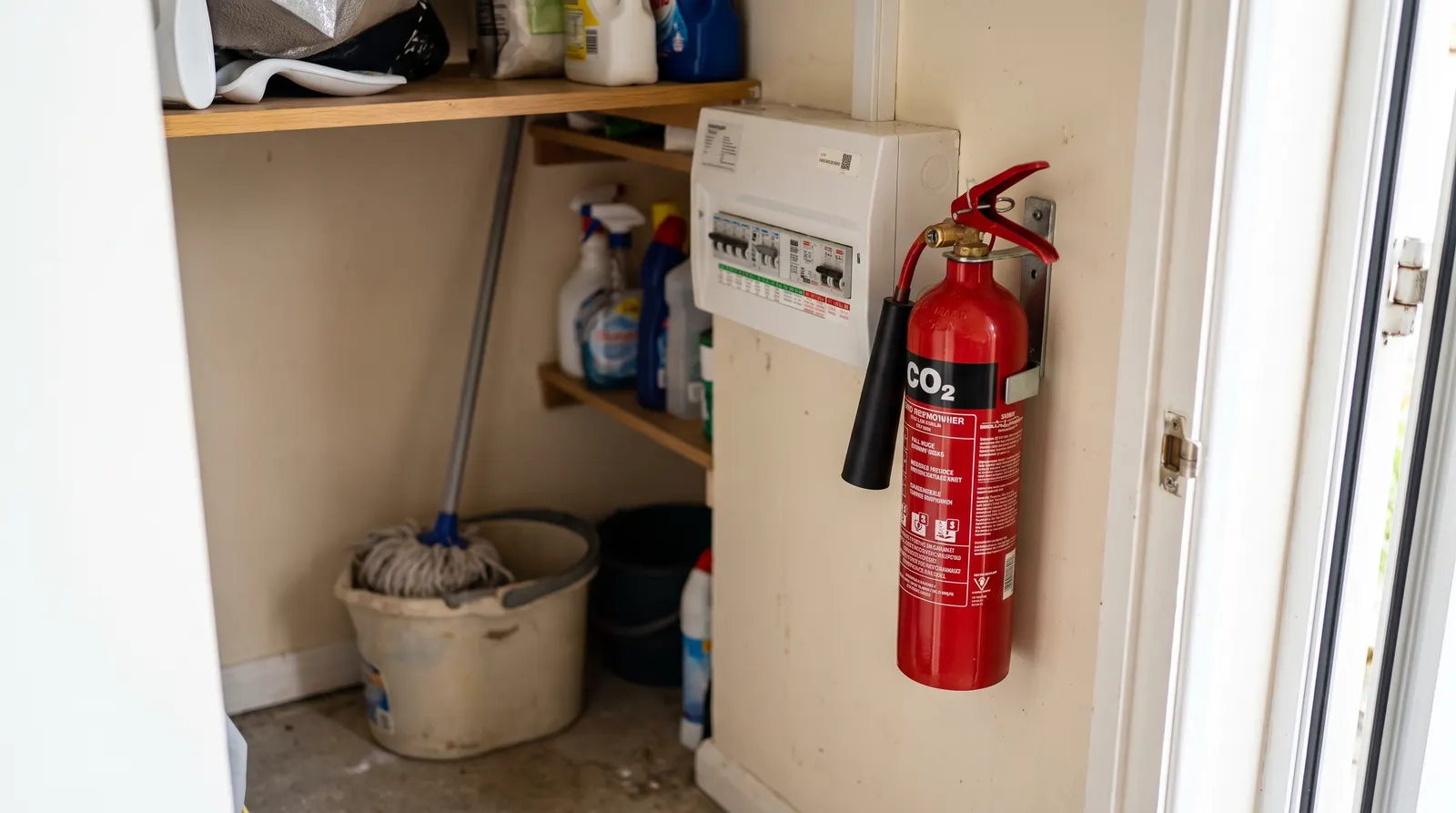 A CO2 fire extinguisher mounted on a wall bracket beside a consumer unit in a utility cupboard