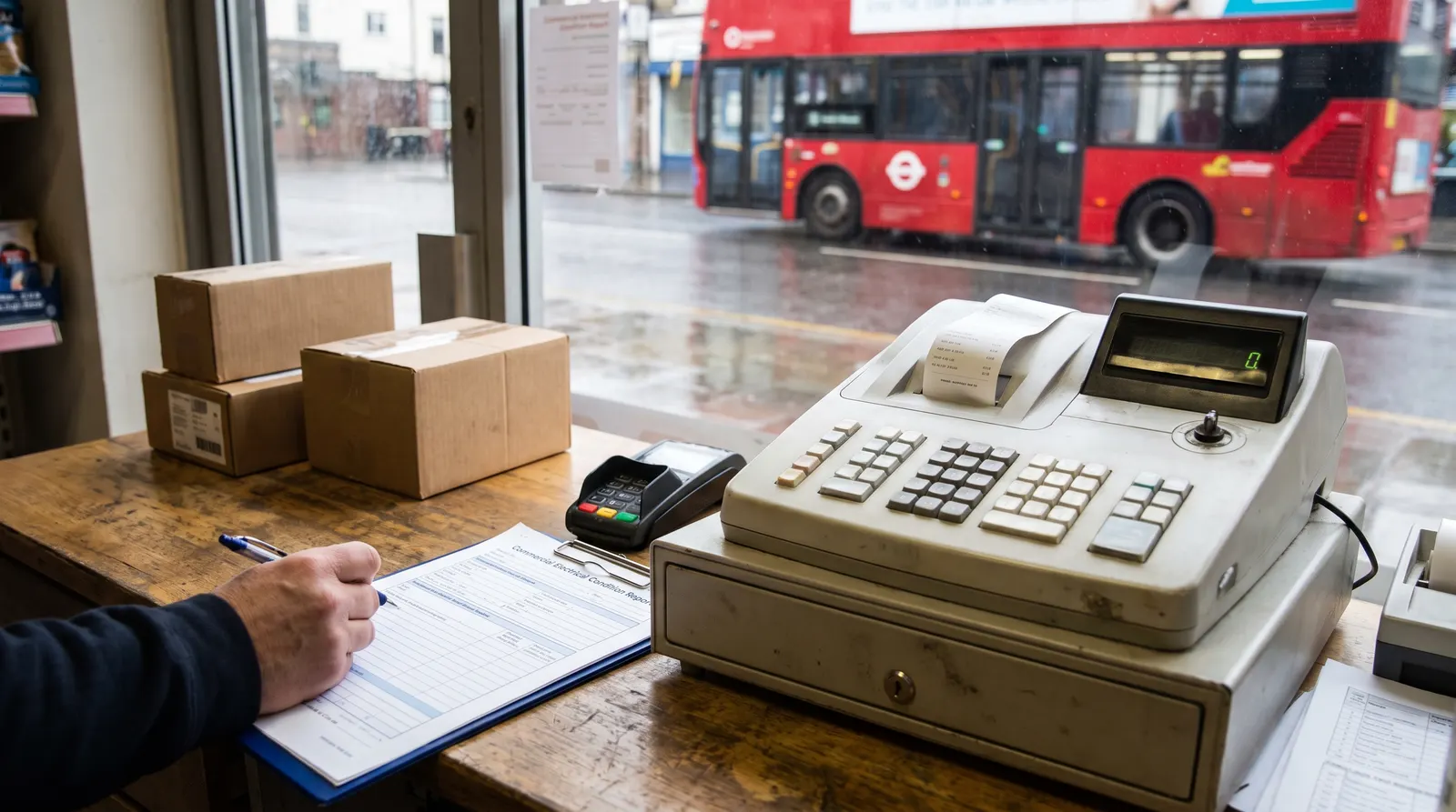 A commercial electrical condition report being filled in on a shop counter