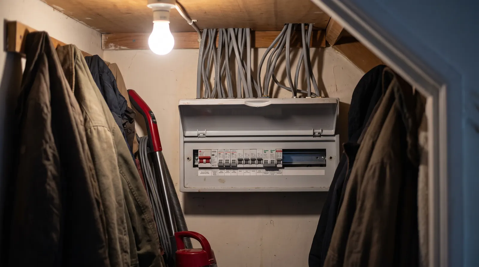 A consumer unit with its cover open, showing the main switch and a row of circuit breakers