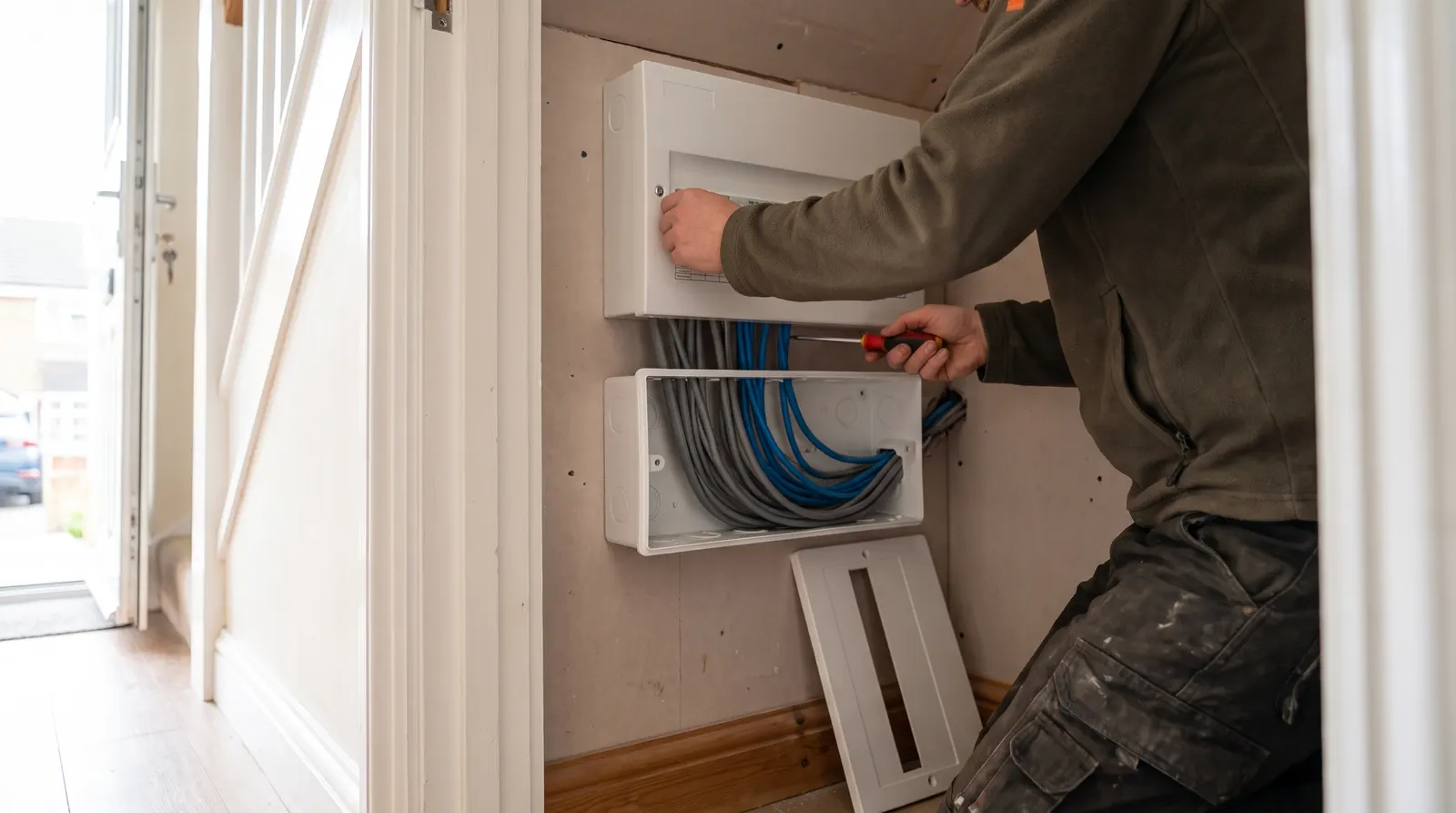 An electrician fitting a new consumer unit to the wall during a replacement