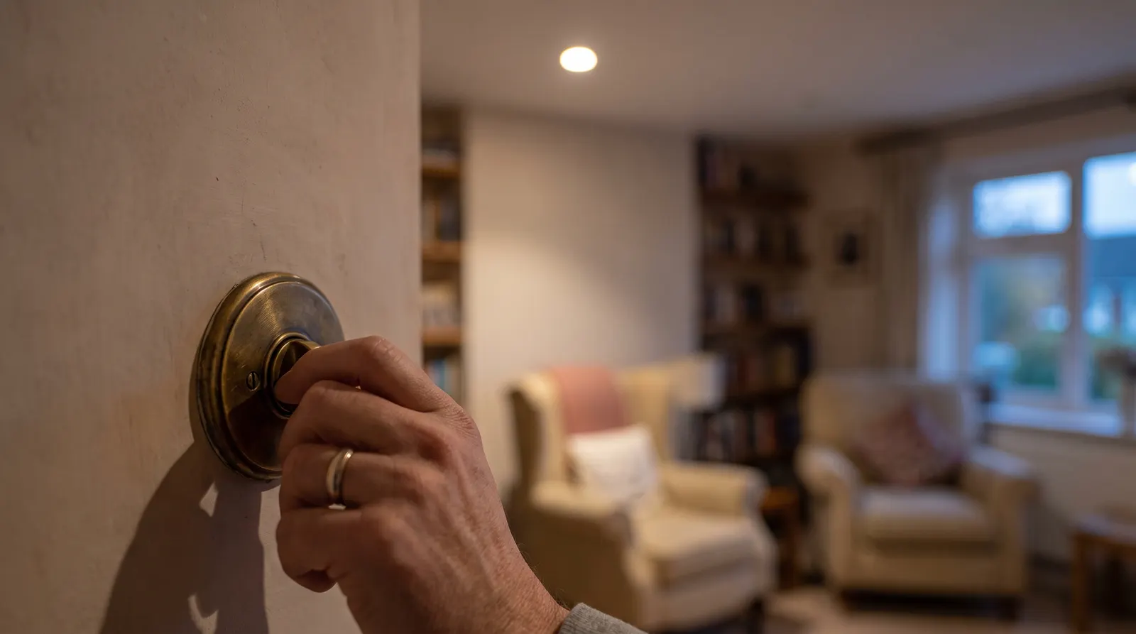 A hand turning the dial of a rotary dimmer switch beside a dimly lit LED ceiling light
