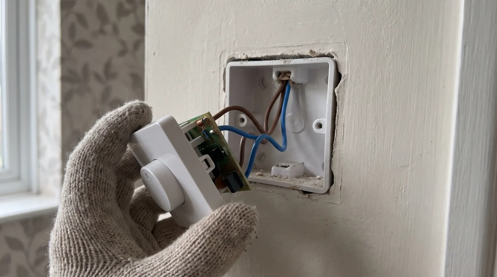 The terminals on the back of a dimmer switch module removed from its mounting box