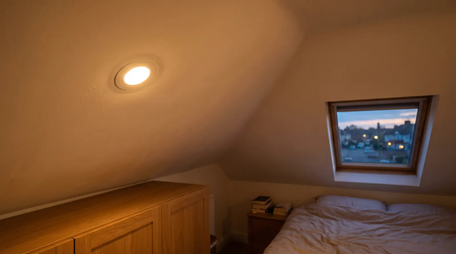 A recessed downlight fitted into a sloped loft-conversion bedroom ceiling