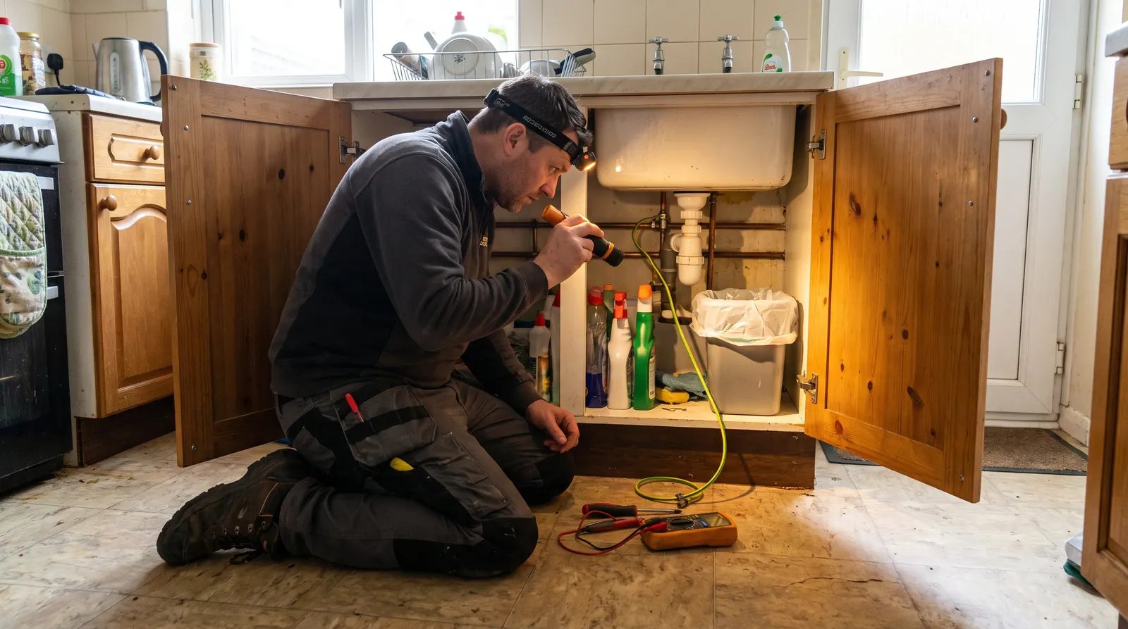 An electrician checking an earth bonding connection on pipework under a sink