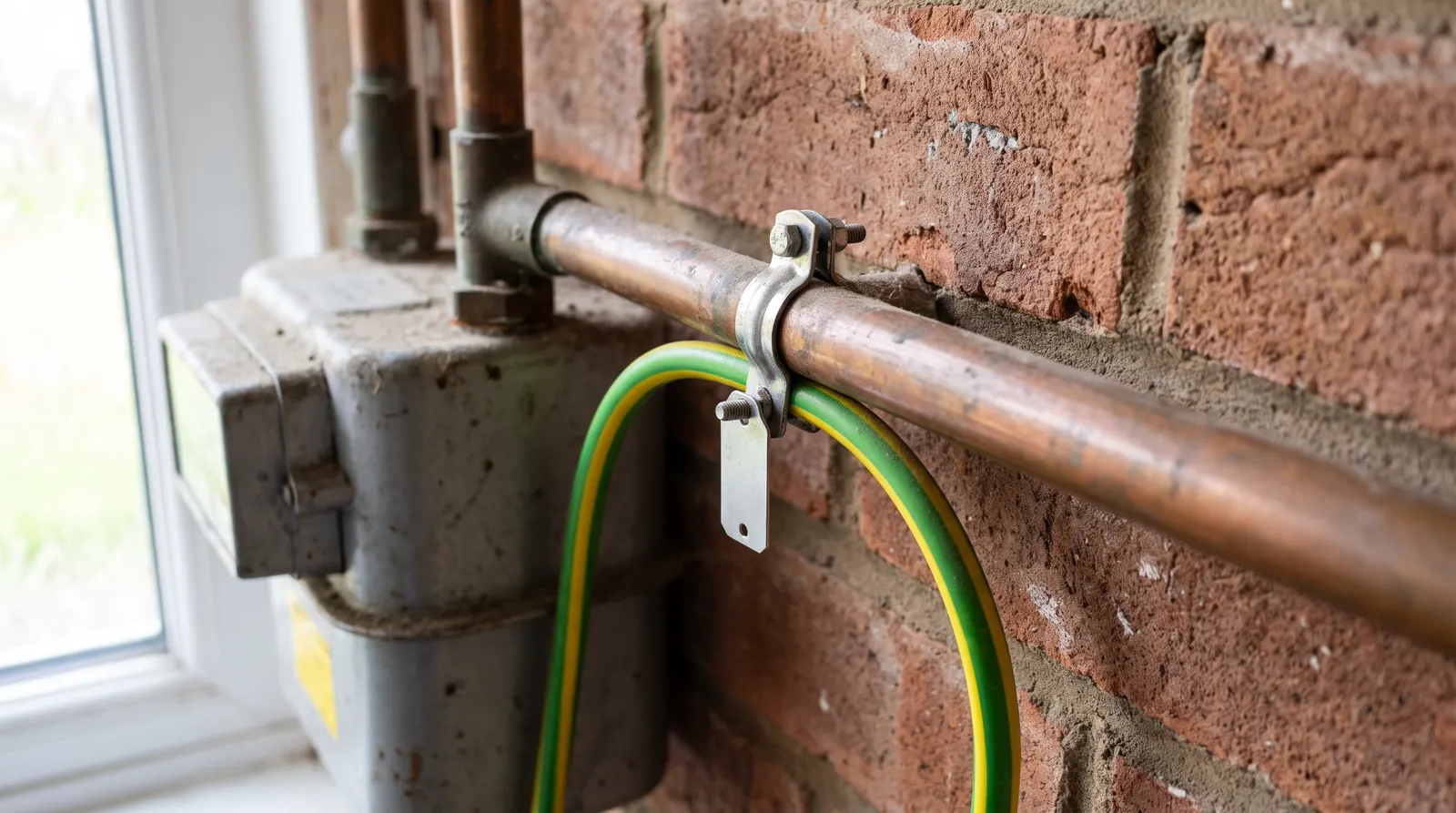 A green and yellow earth bonding clamp fitted to a gas pipe beside the meter