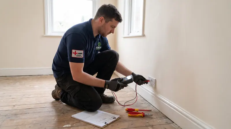 An electrician testing a socket in an empty rented flat with a clipboard beside him