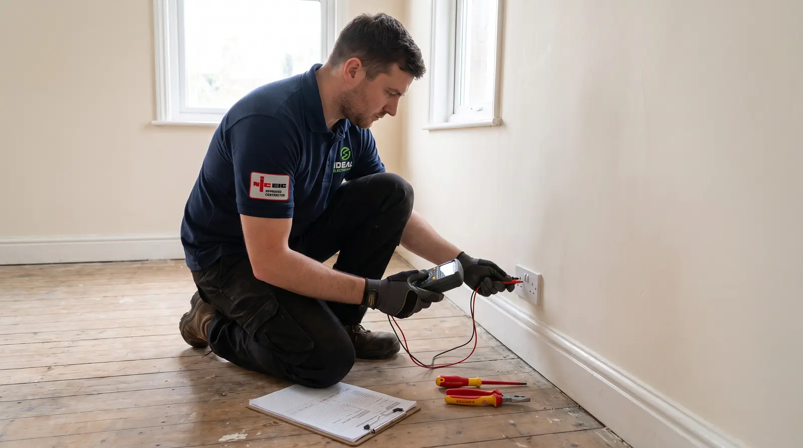 An electrician testing a socket in an empty rented flat with a clipboard beside him