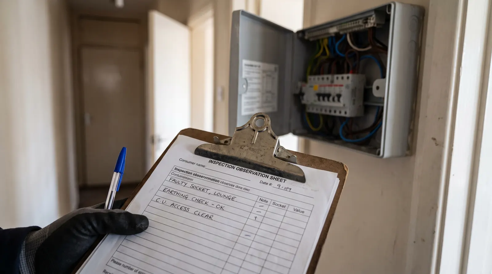 An electrician's clipboard holding a partly completed EICR observation sheet