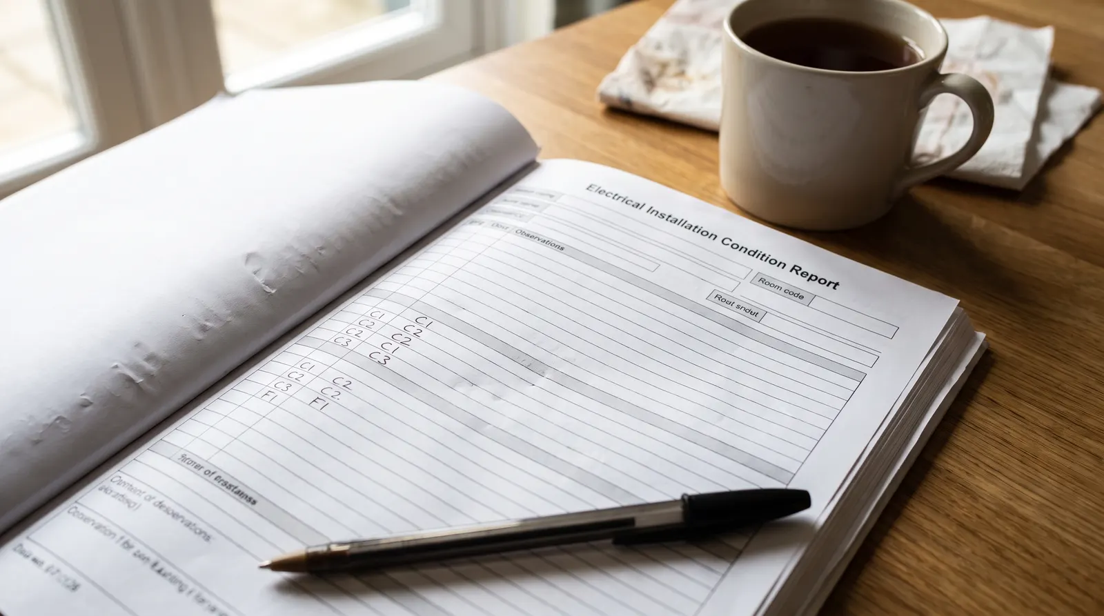 A completed EICR showing the coded observations column, close up on a kitchen table