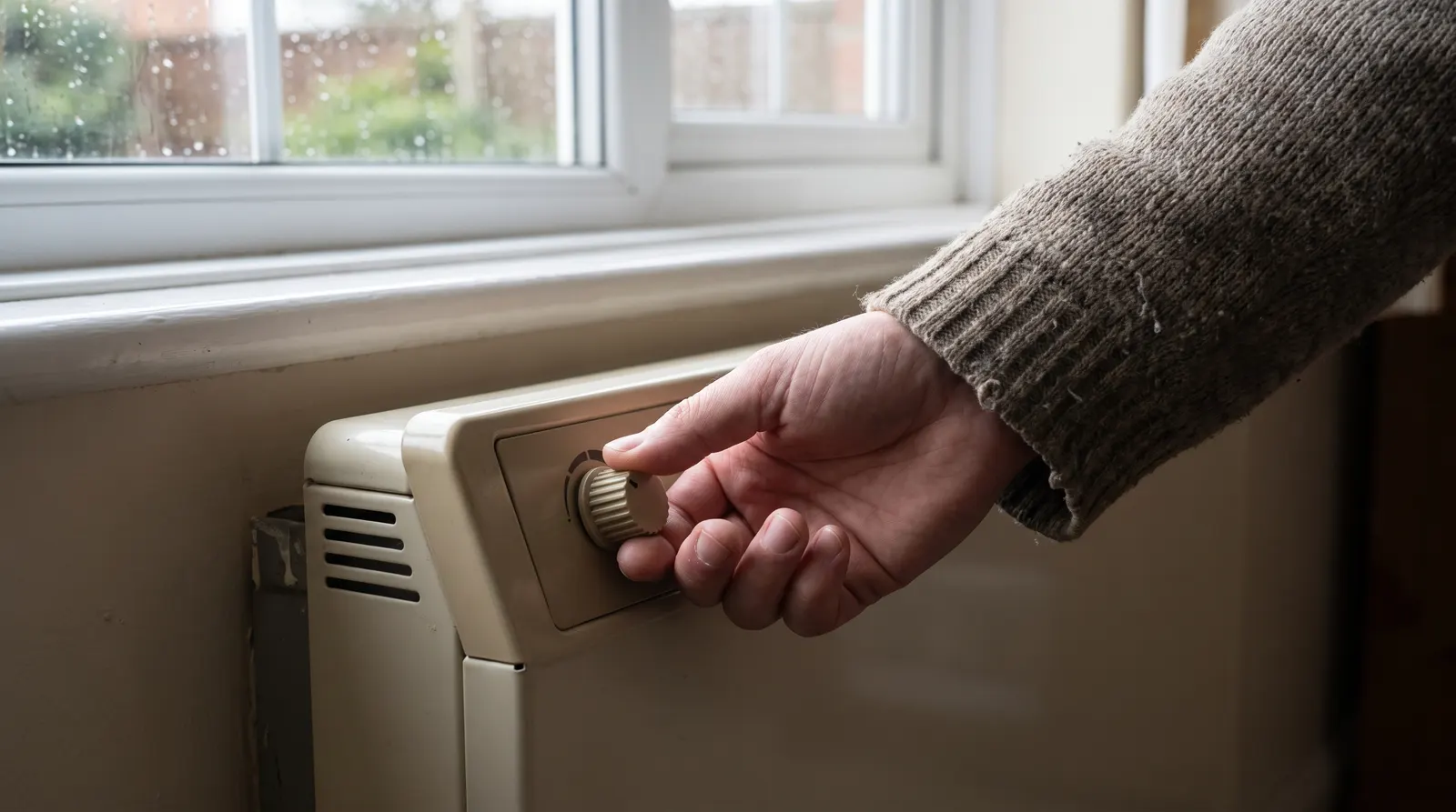 A hand adjusting the control dial on the front of a wall-mounted electric radiator