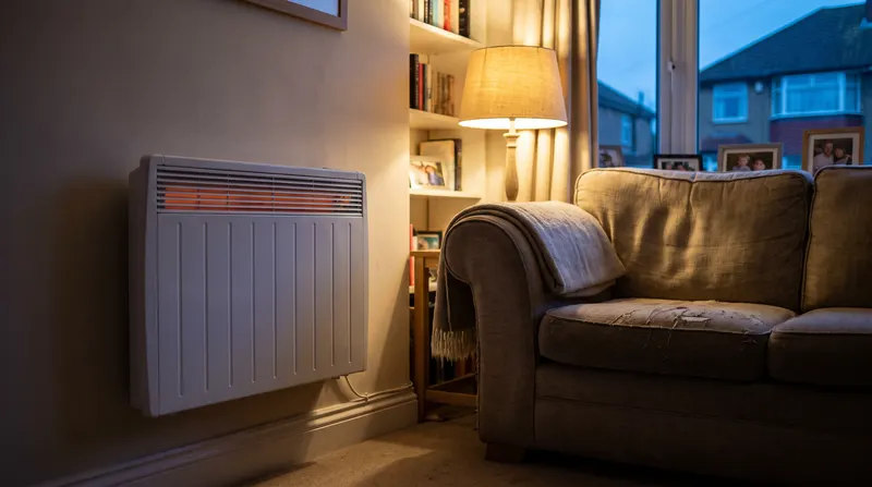 An electric radiator mounted on a living room wall, switched on in the evening