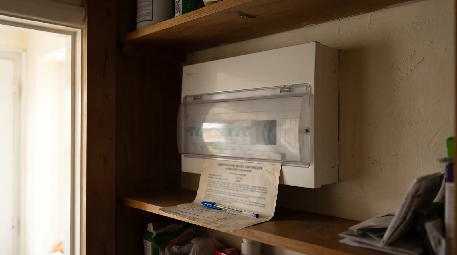 A completed electrical certificate resting on a newly fitted consumer unit