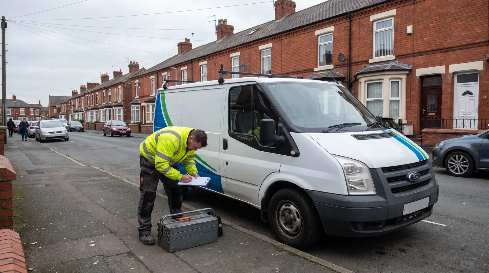 An electrician writing up a price on a clipboard beside a works van on a residential street