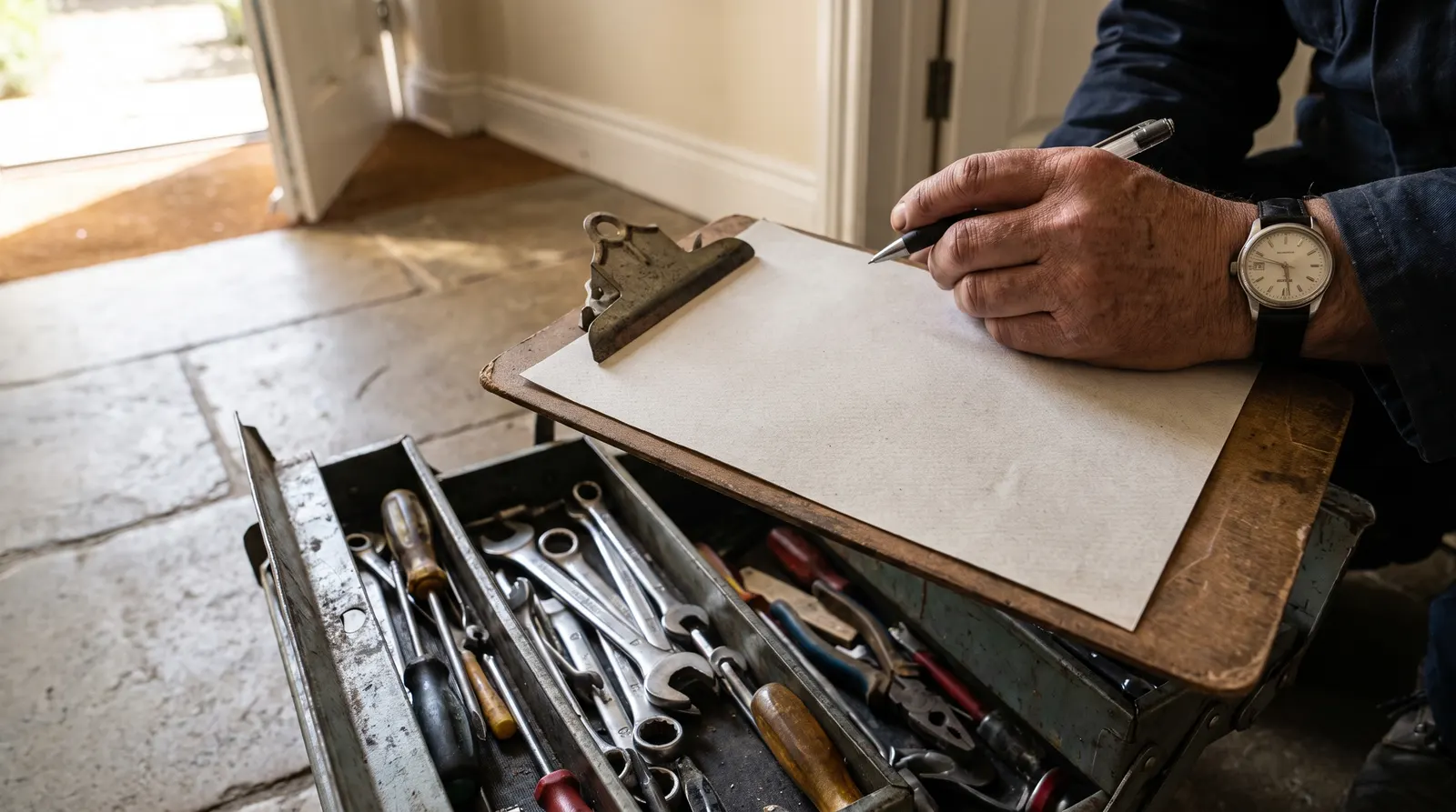 A hand filling in a job sheet beside an open toolbox of tools