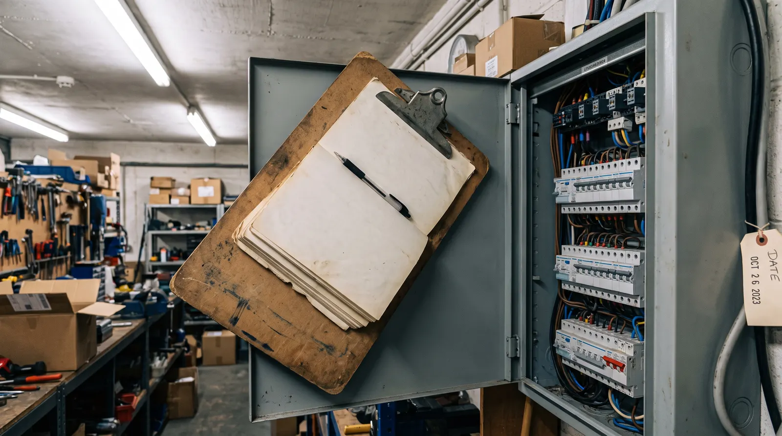 A completed emergency lighting test log resting on a clipboard beside a commercial distribution board