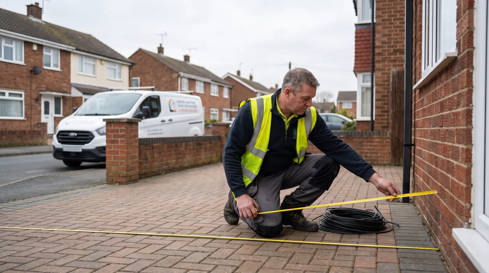 An electrician measuring the cable route across a driveway ahead of fitting an EV charger