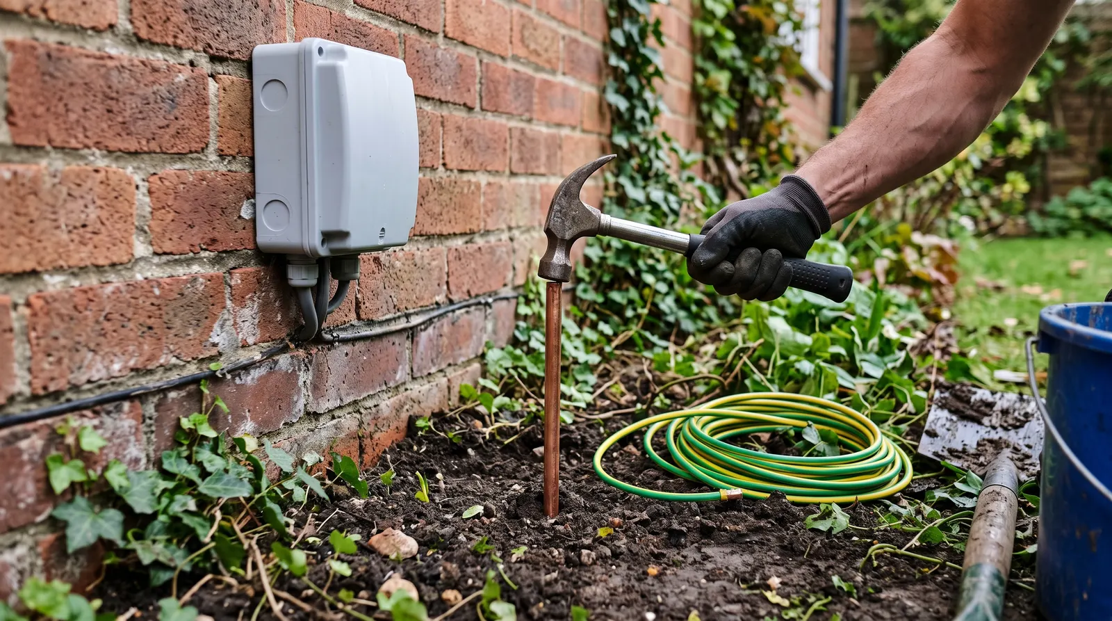 A hand fitting an earth electrode into the ground beside a house wall during an EV charger installation